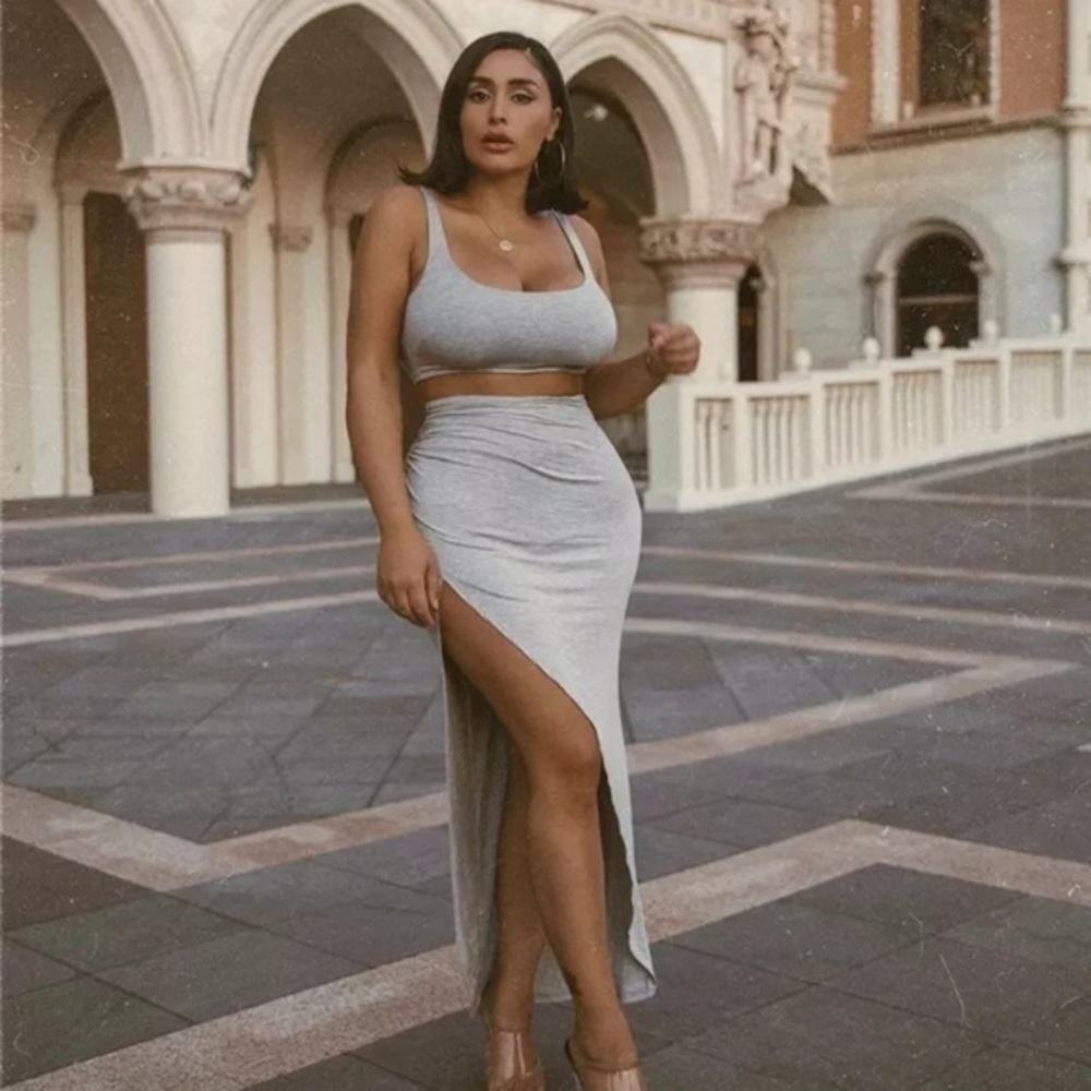2 Piece Set Crop Top Twist Side Split Long Skirt | Gray  Size M
